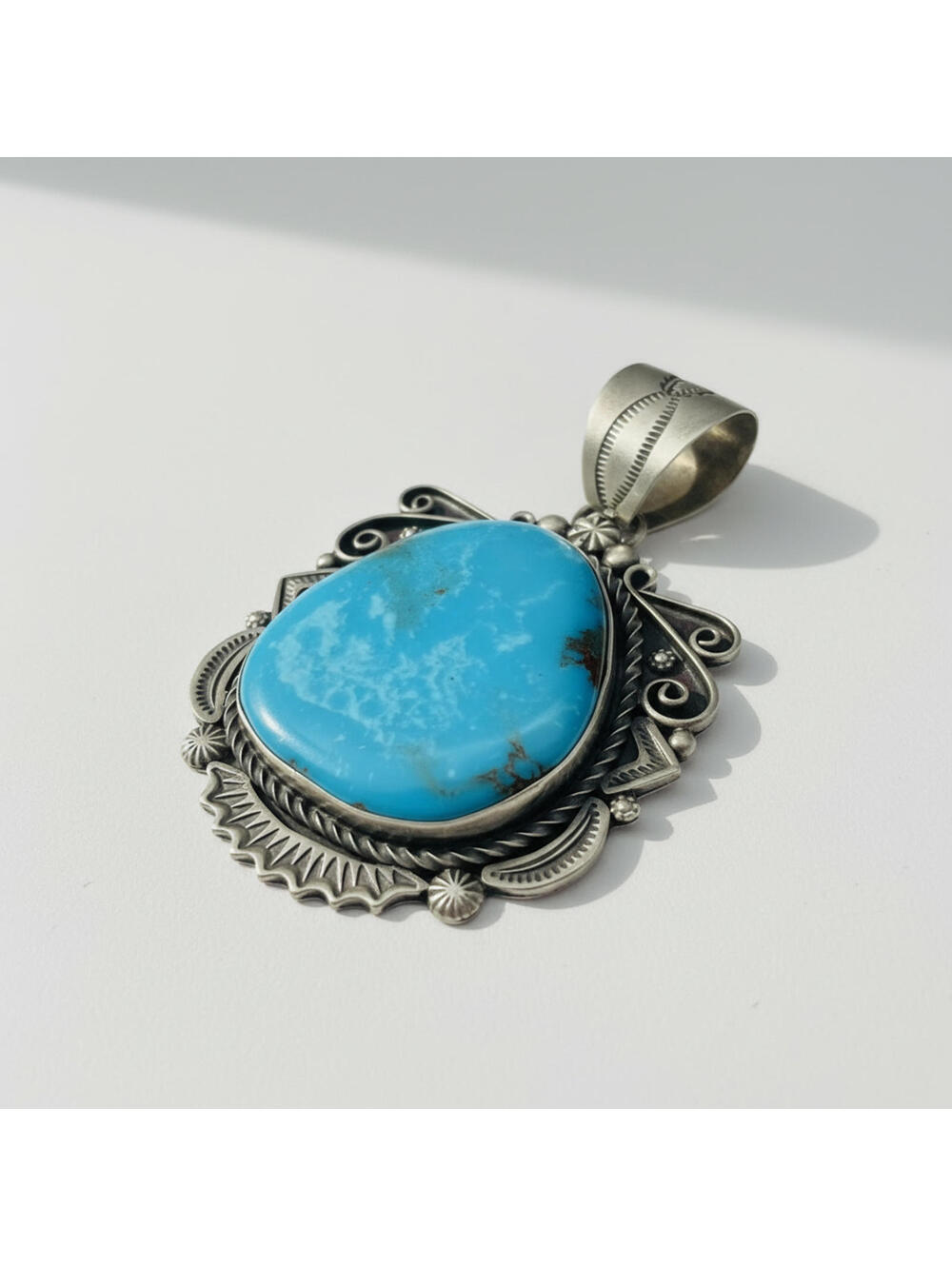 Navajo Ronald Tom Rare Sky Dragon Bisbee Turquoise Sterling Silver Pendant 41g - Picture 5 of 5